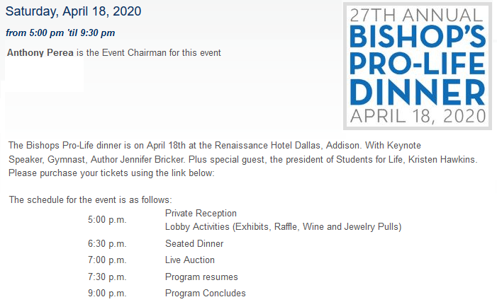 Bishop's Pro-life dinner 2020
